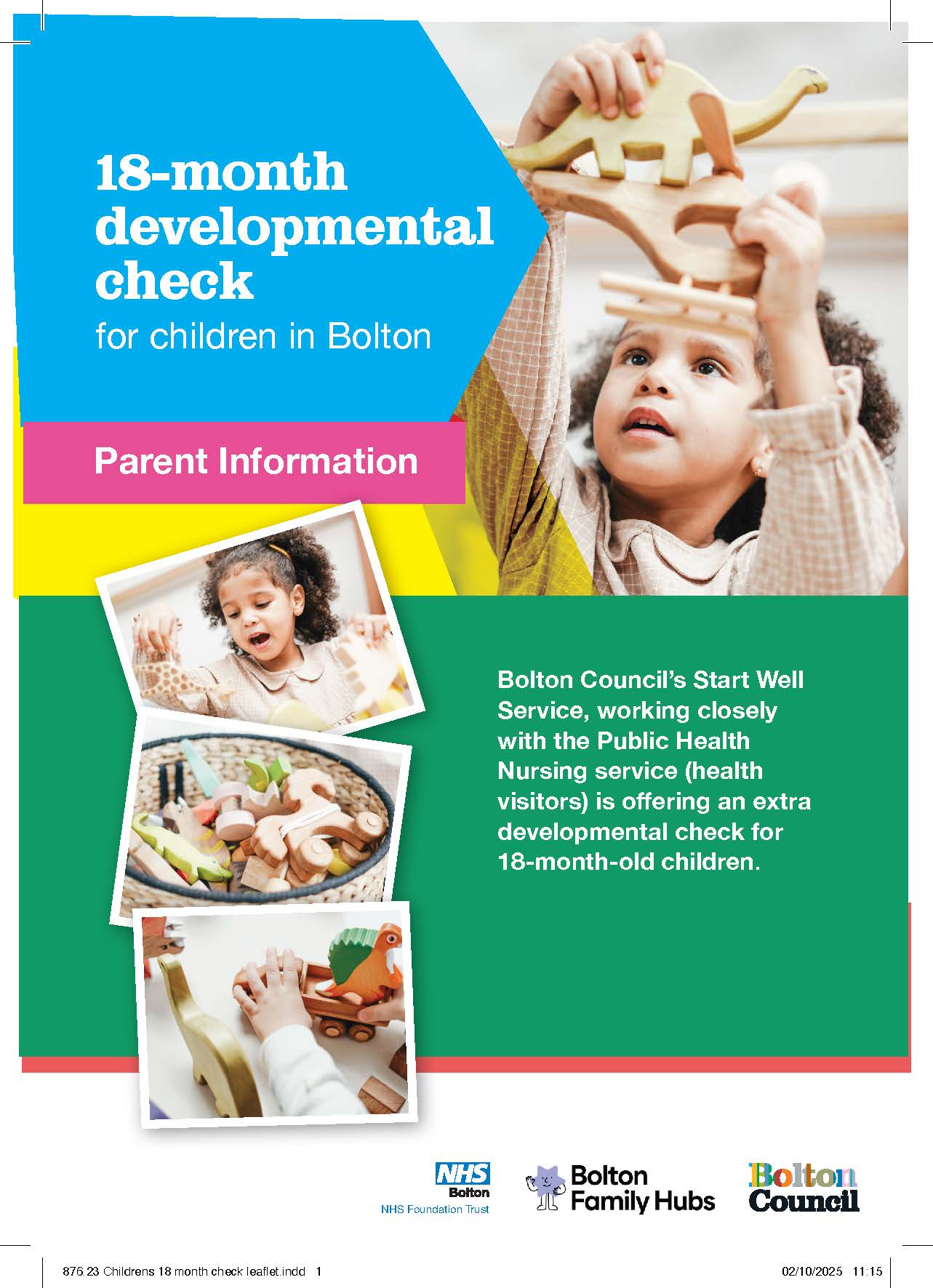 A leaflet for parents on 18 month old children about their developmental check. page 1
