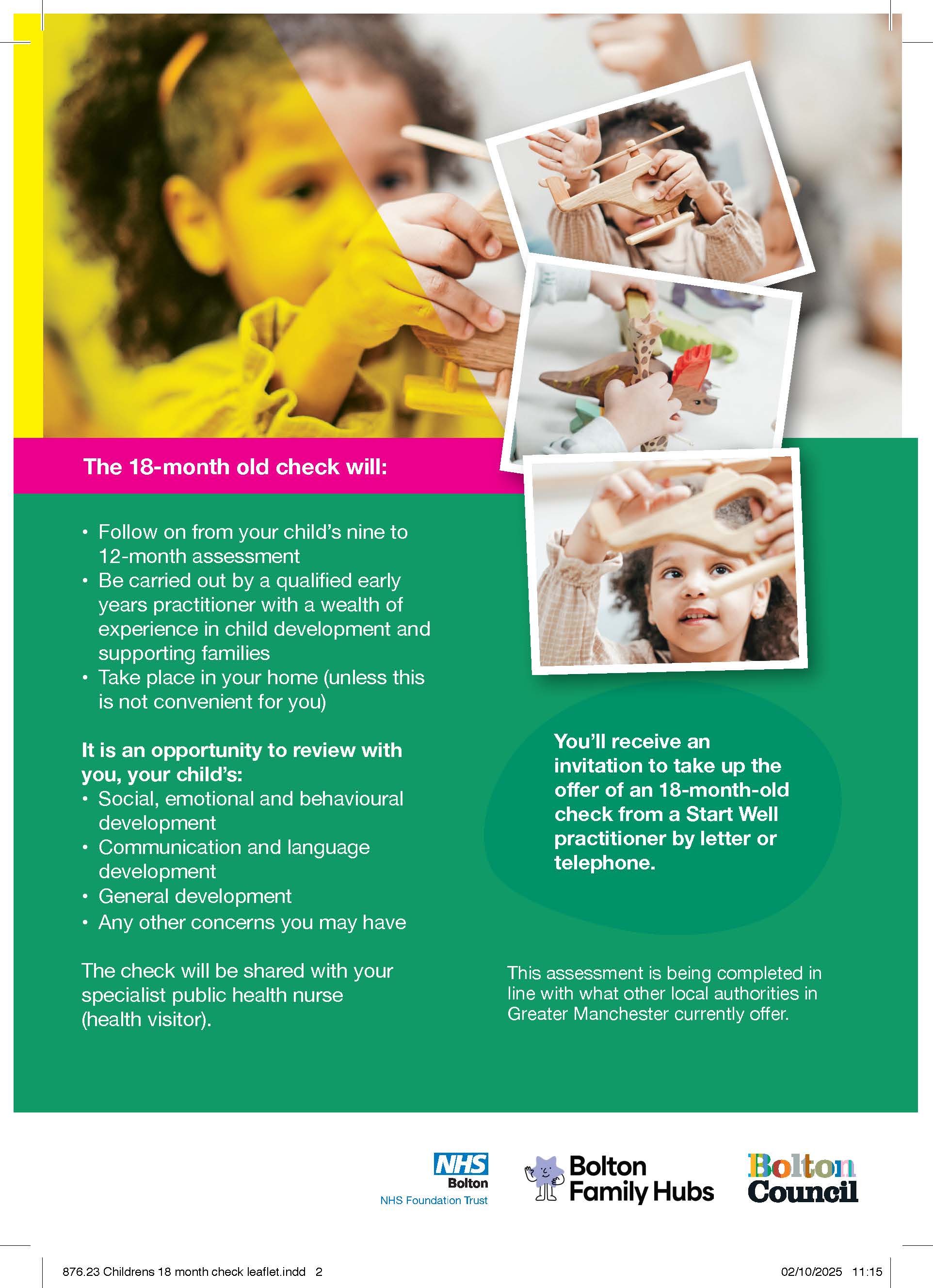 A leaflet for parents on 18 month old children about their developmental check. page 1