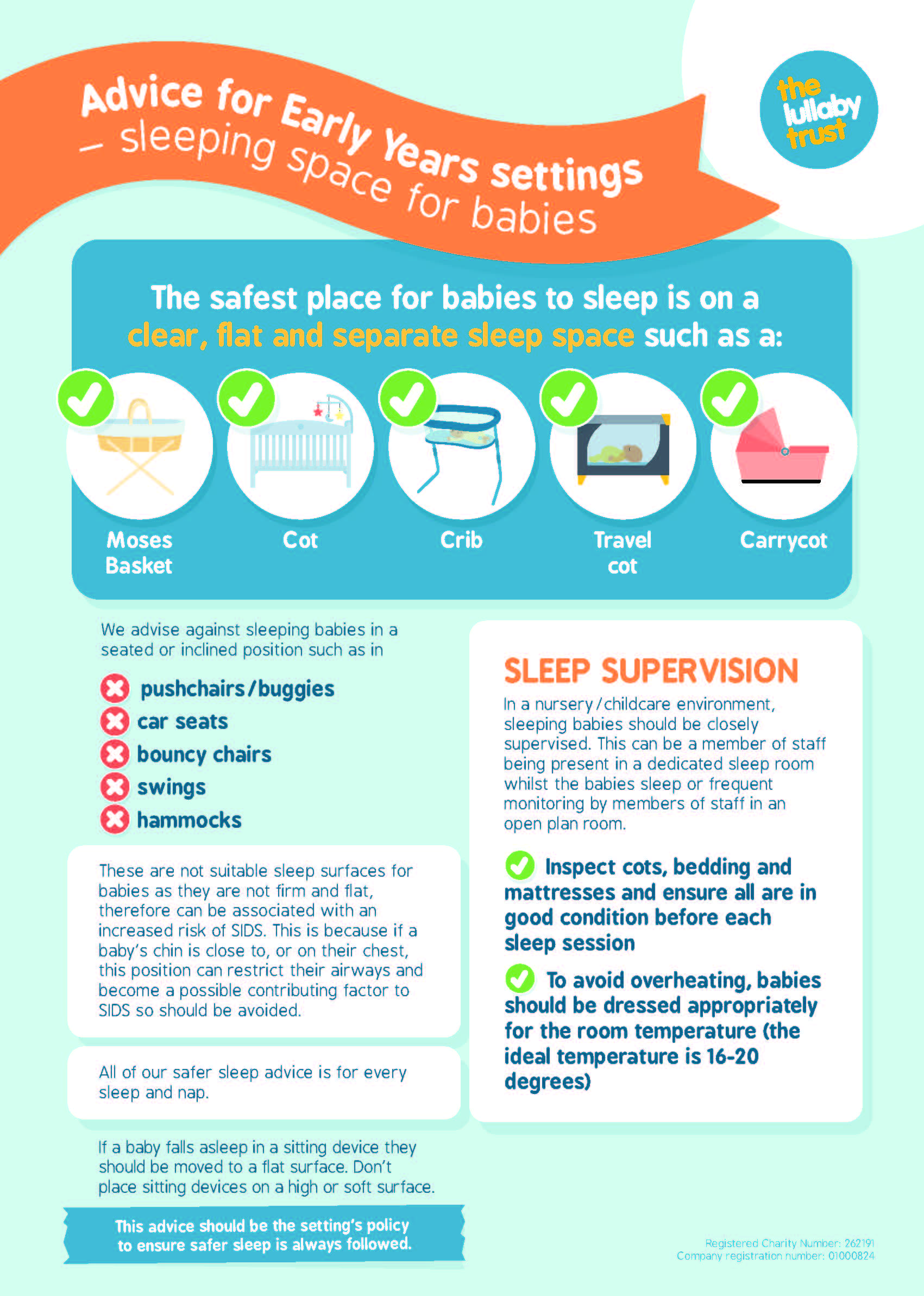 A blue and orange poster with text and information about safer sleep for babies and young children when in the care of early years provision.