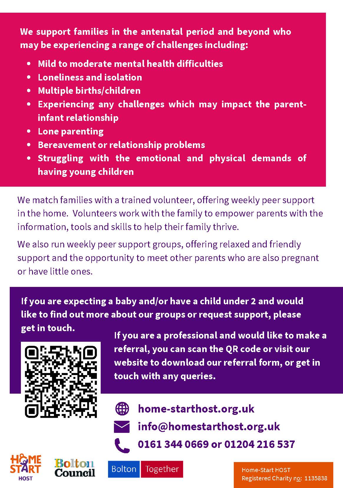 Page 2 of a leaflet about Home Start Host Parent Infant Mental Health Service in Bolton for families expecting a baby or those with a child under the age of 2 years.