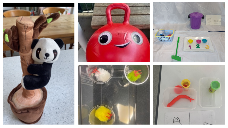 A collection of images, includes play dough, space hopper, soft toys etc.