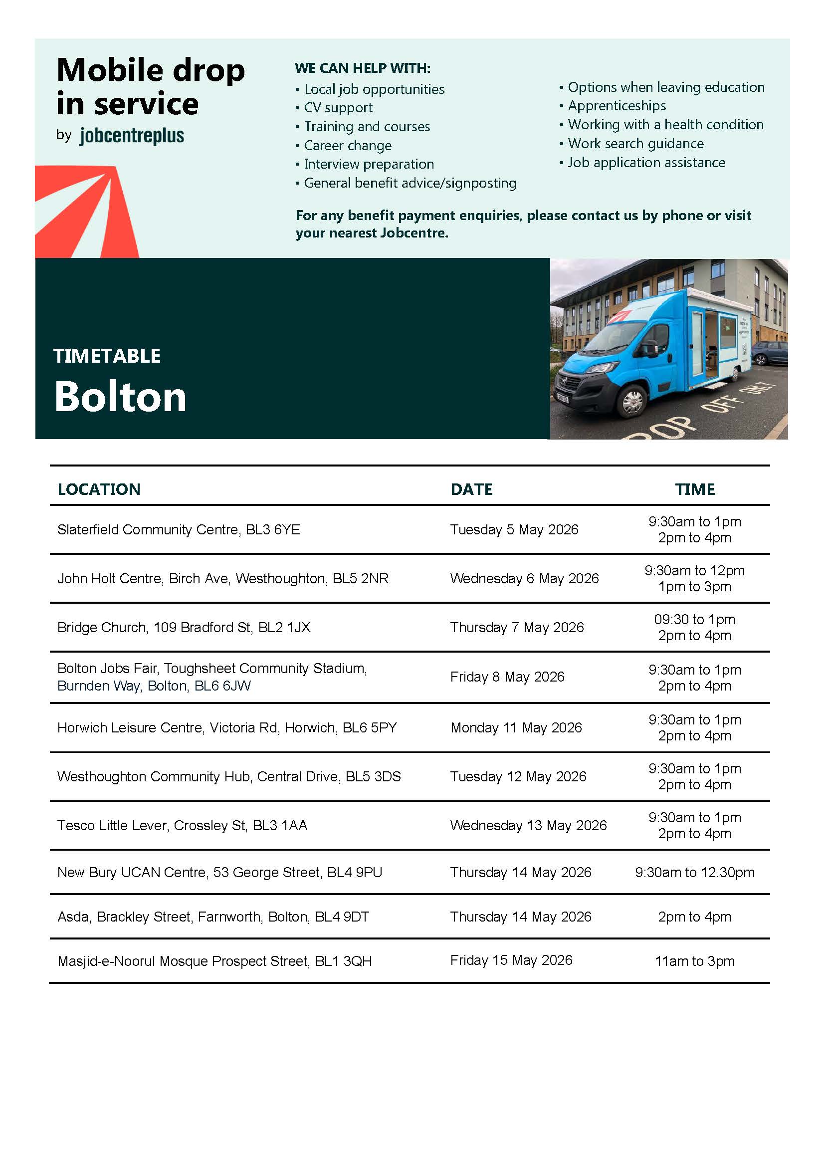 Poster with the details of the Bolton JCP van drop-in service timetable