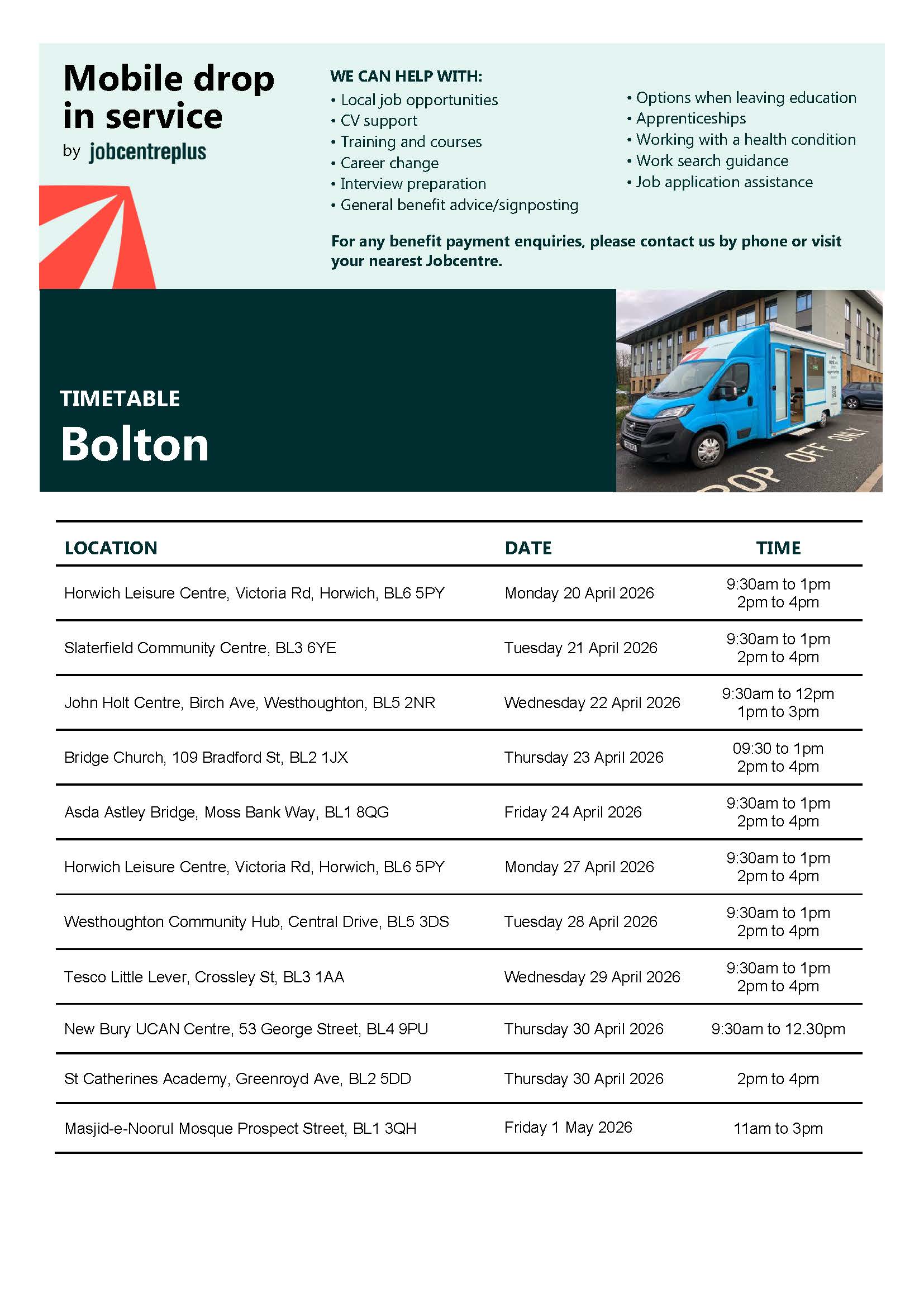 Poster with the dates and times of the support from JCP out in the community