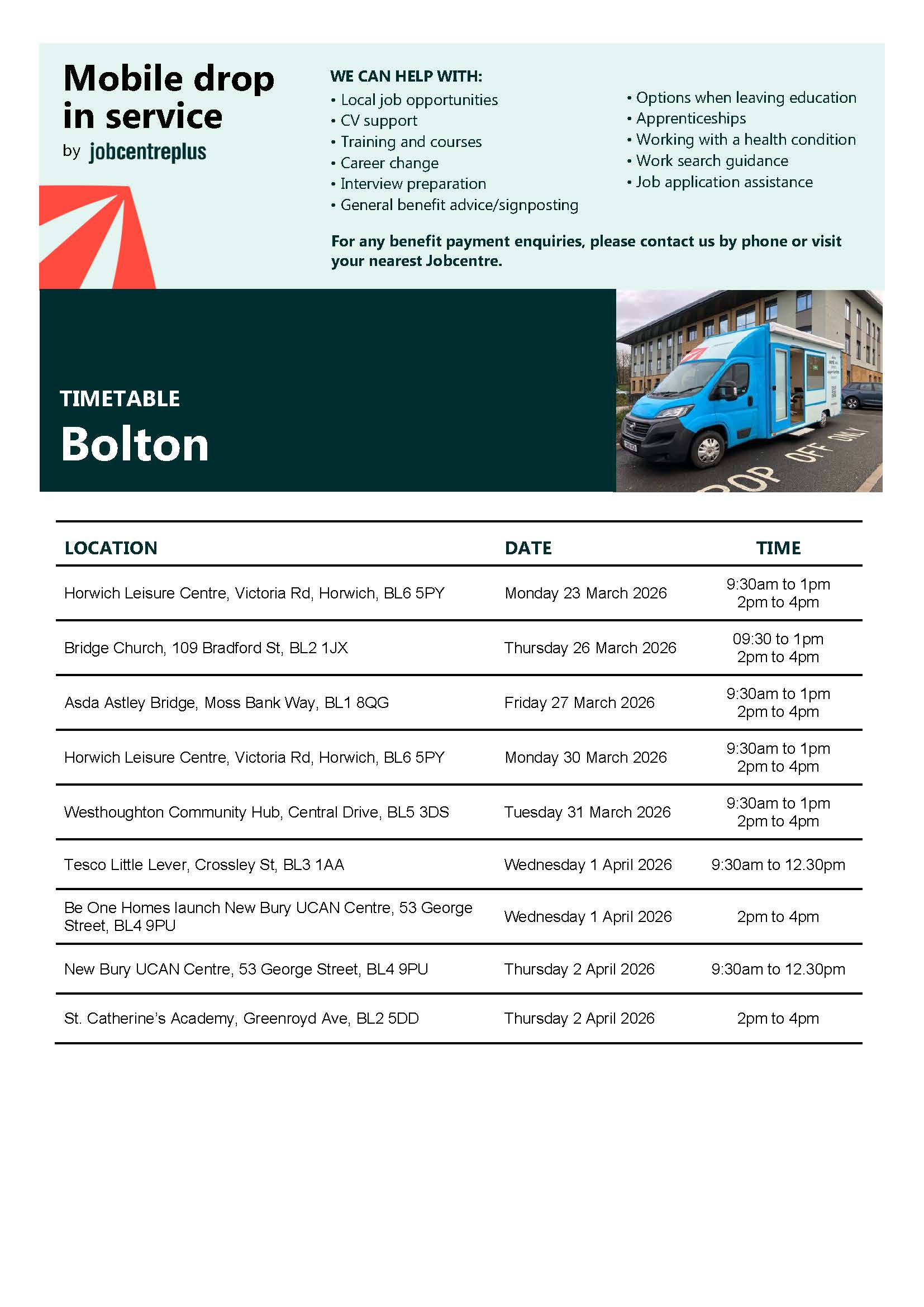 Image of a flyer advertising Job Centre Plus support services.