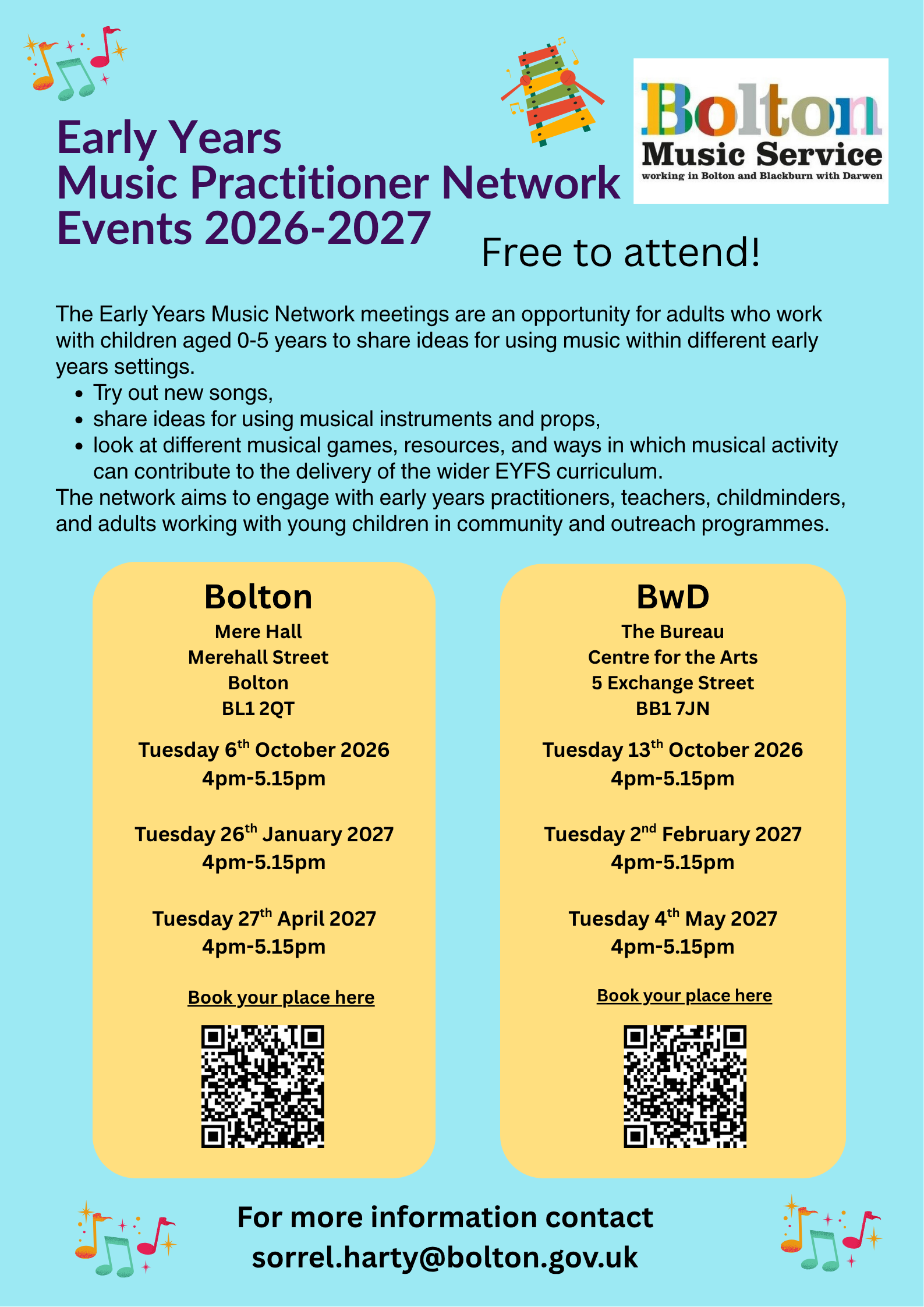 Poster with text, Bolton music service logo and two QR codes titled Early Years Music Practitioner Network Events 2026-2027