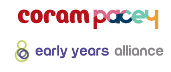 Colourful logos for two organisations, coram pacey and Early Years alliance
