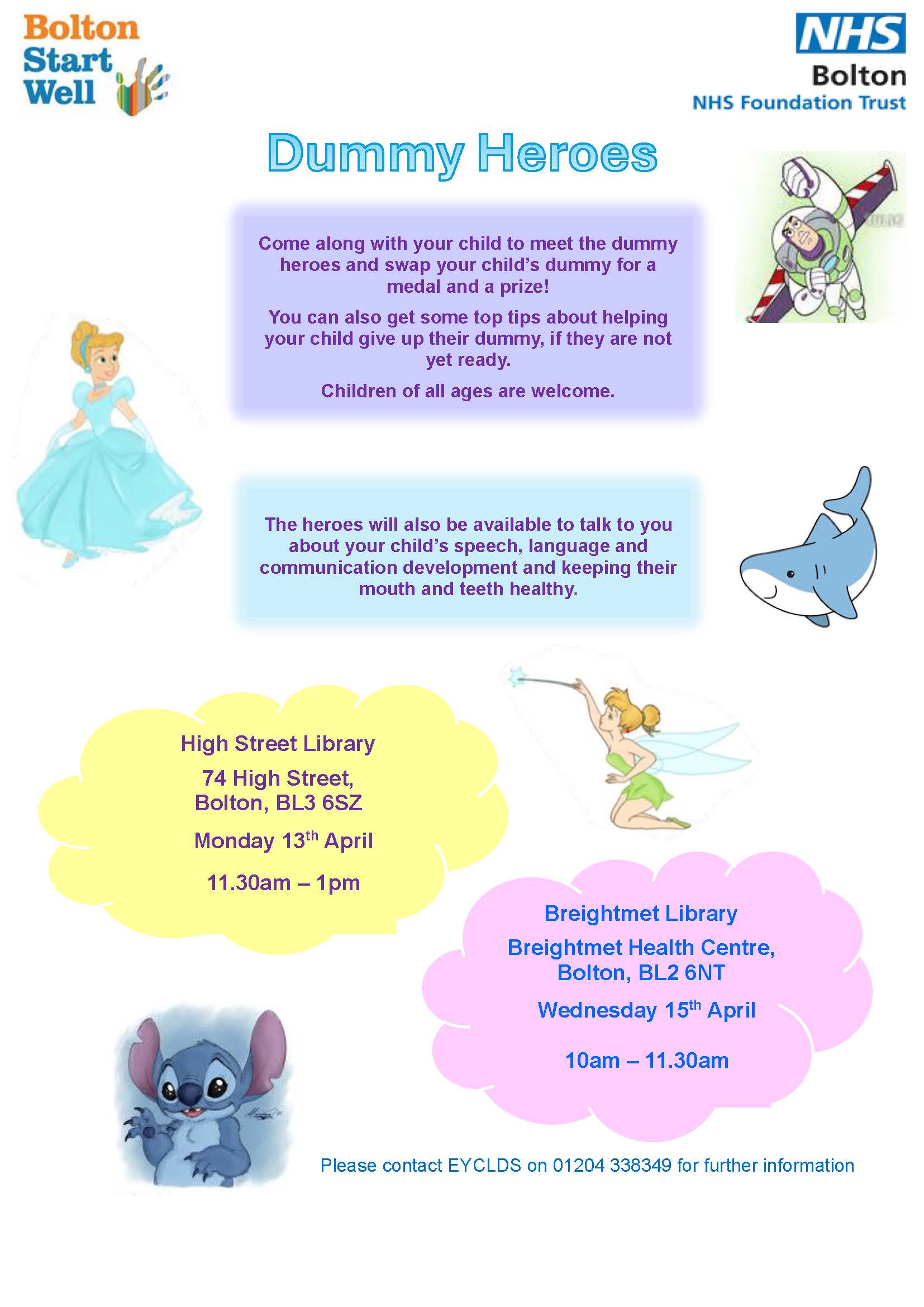 A poster with key dates for the Dummy Heroes in April 2026. NHS logo and several disney character images.