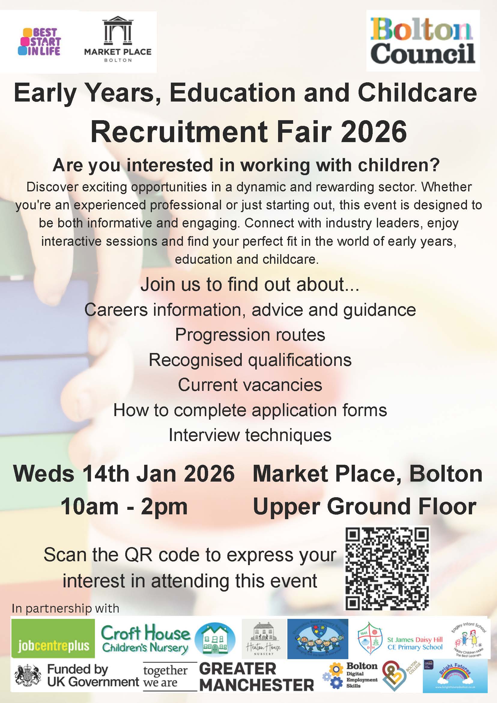 Poster with lots of text and logos advertising a Bolton Early Years recruitment fair in January 2026