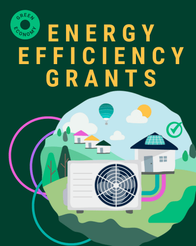 Energy Efficiency Grants in yellow text on a green background. Cartoon images in a bubble including a house.