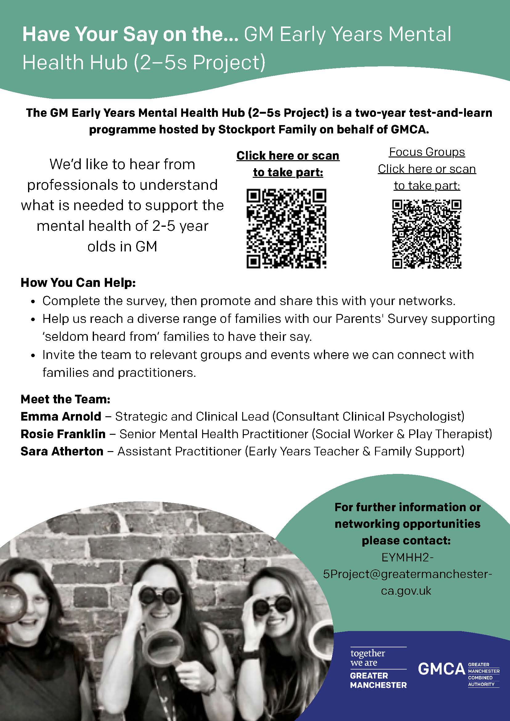 Poster with text and QR codes and logos with an image of three adults from a nursery setting.