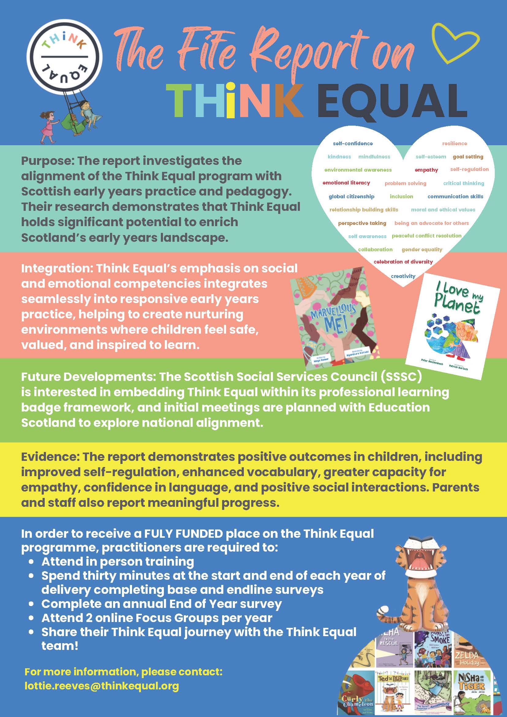 Poster about the Think Equal programme. The Fife Report. Lots of text and images of books.