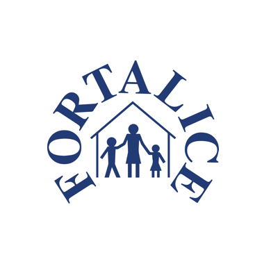 Fortalice logo - line drawing on and adult and two children in a house. Logo is blue and white.