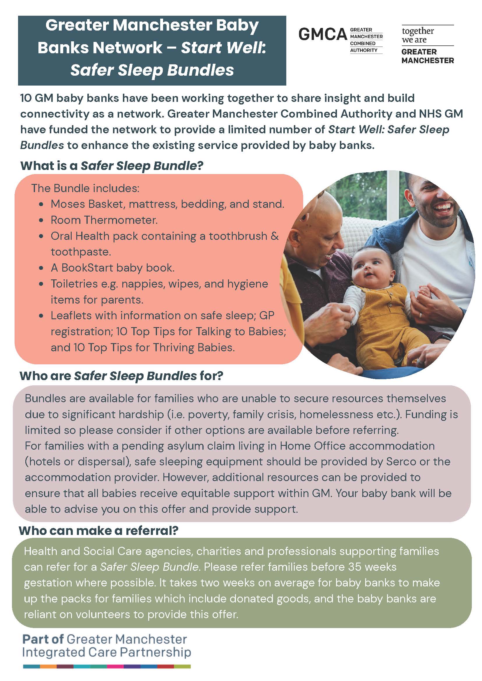 Page one of a poster with text and an image of a family with a baby.