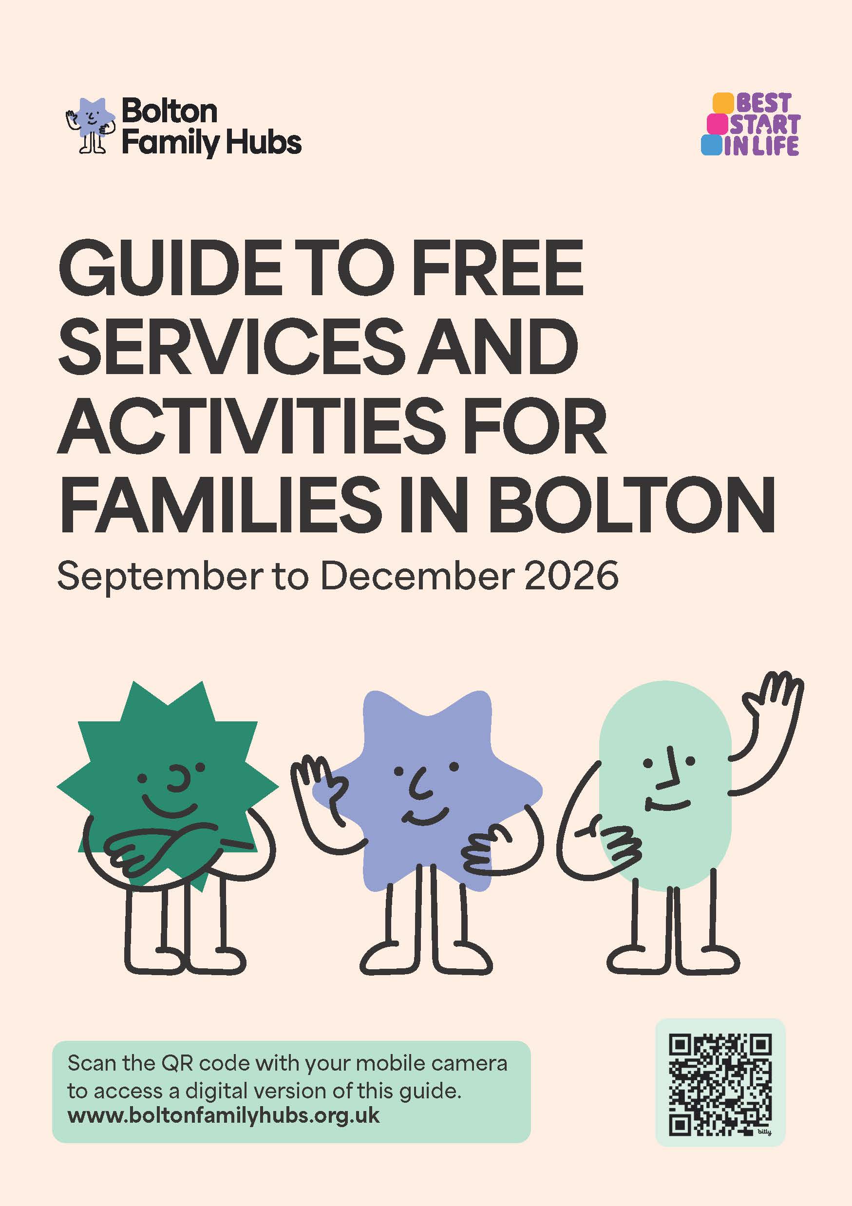 Decorative image of the front cover of the guide to free services and activities for families in Bolton