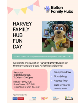Image of a flyer - Information about the Harvey Family Hub Fun Day.