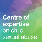A blue and green square with white text - Centre of expertise on child sexual abuse.