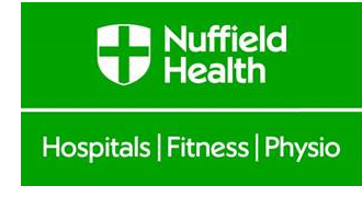 Nuffield Health Logo. Green background and white text with and image of a shield.