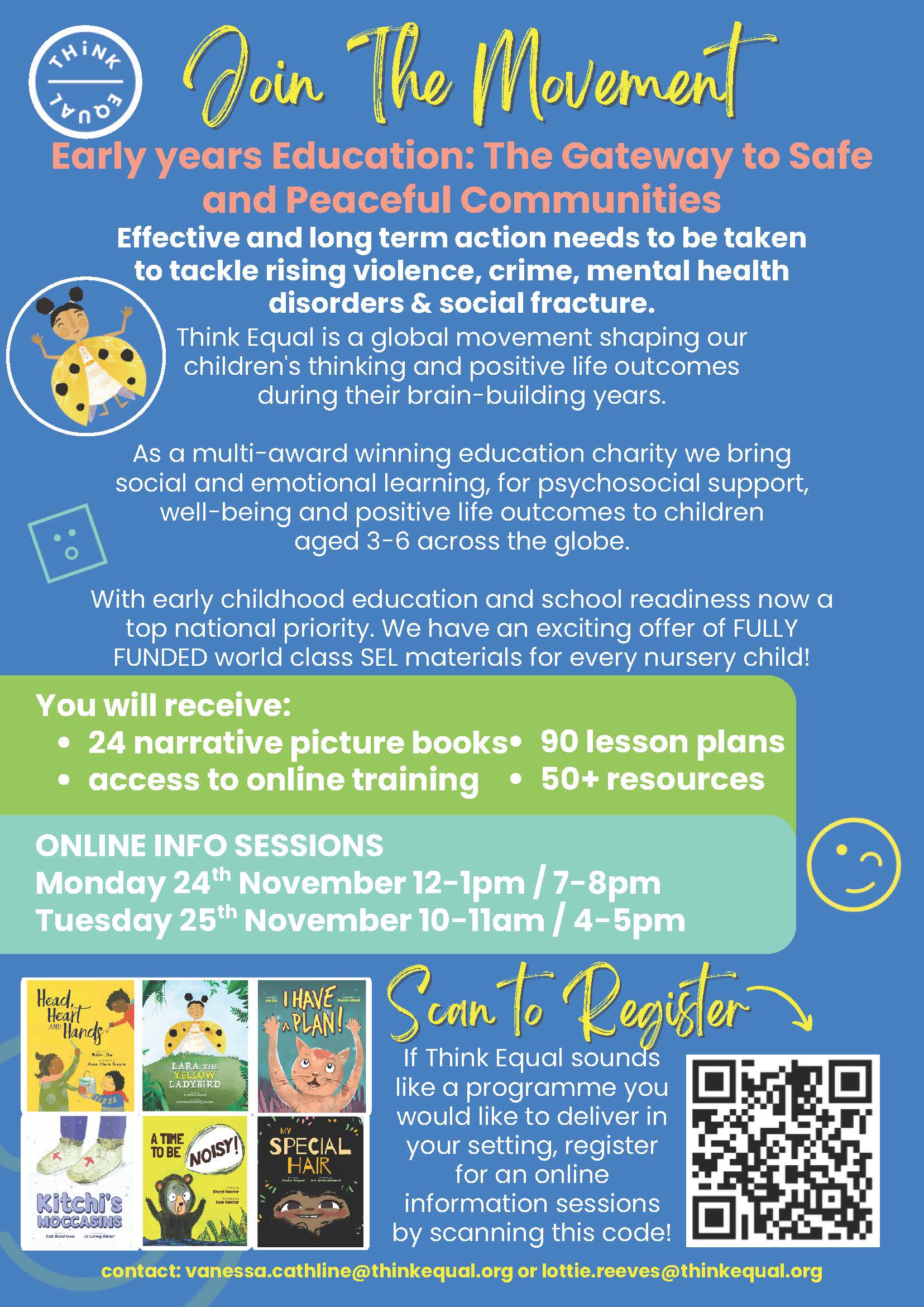 Poster with a QR code and lots of text information about the Think Equal online information sessions.