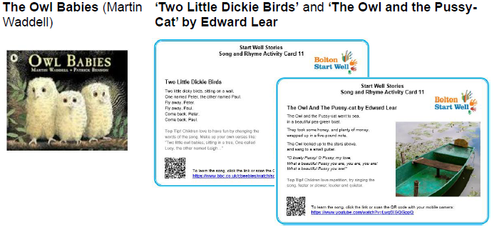 Picture of the book Owl Babies and two other song cards.