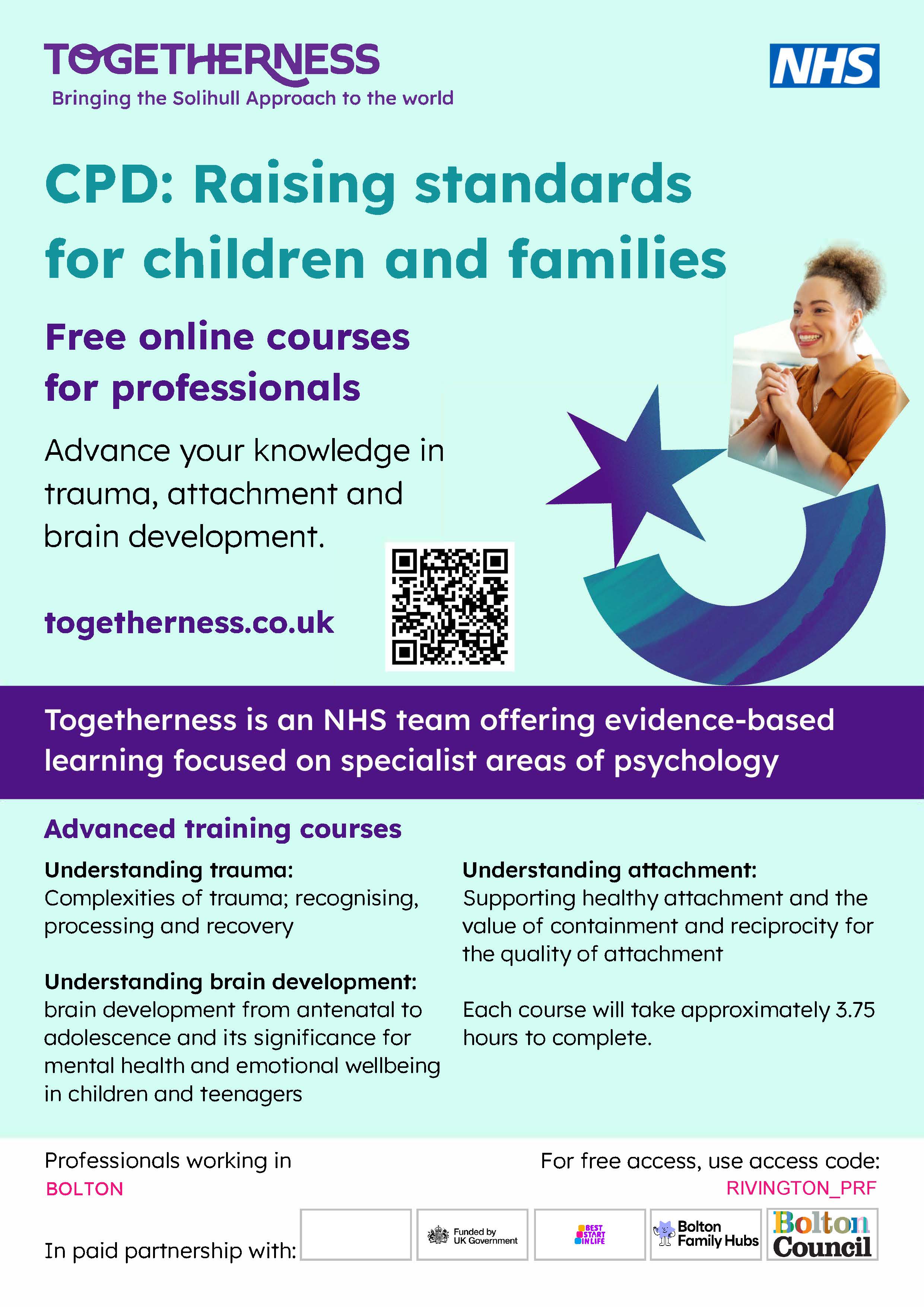 Poster with text, QR code and colourful shapes.