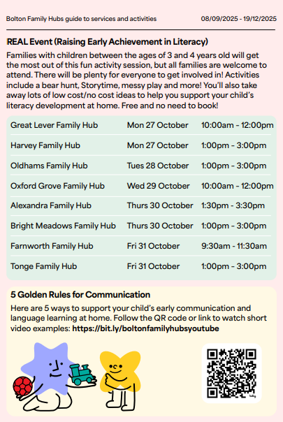 List of dates and times and venues for the REAL Literacy Event for families in Bolton.