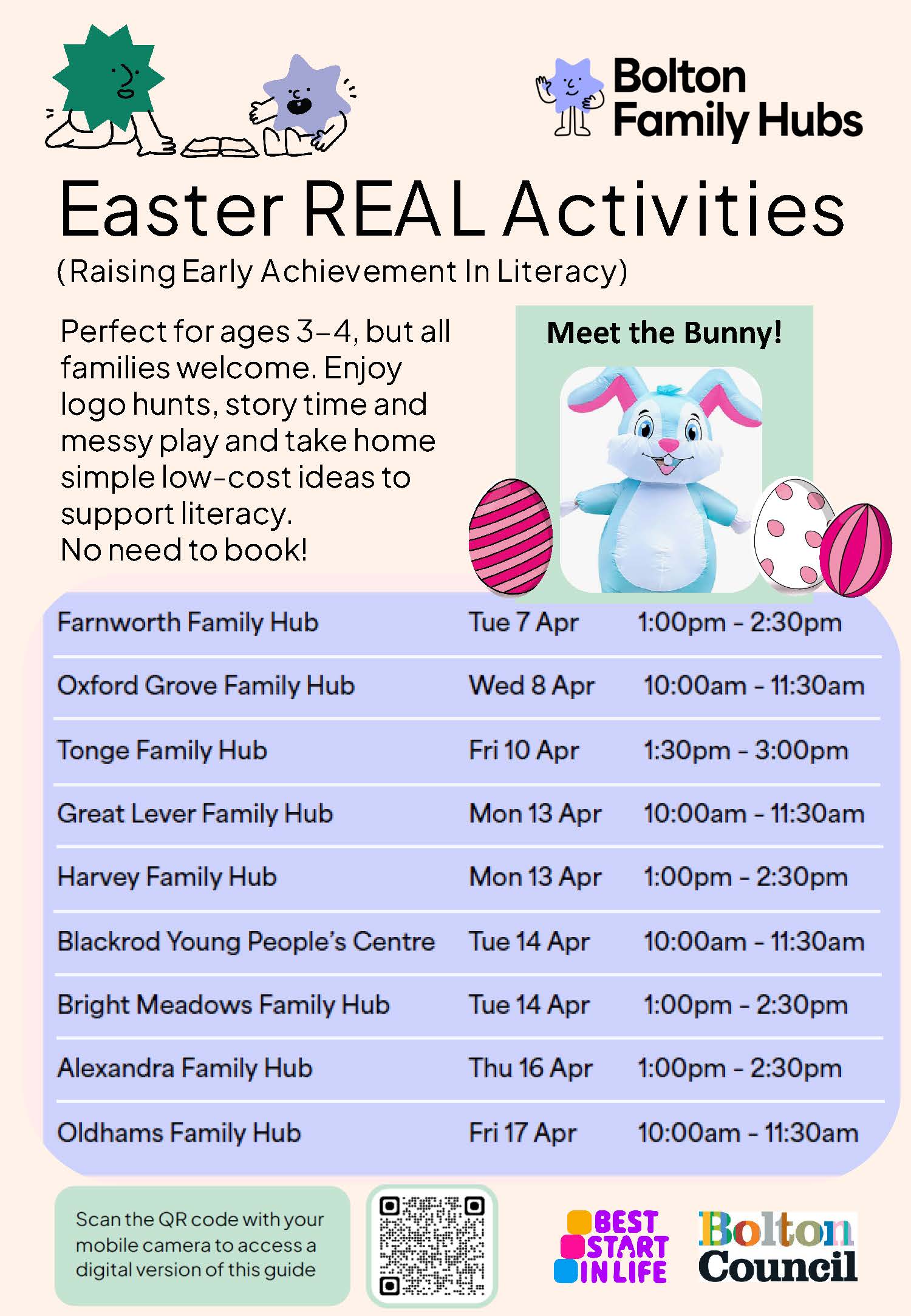 A poster with lots of dates, times and venues of an event for families.
