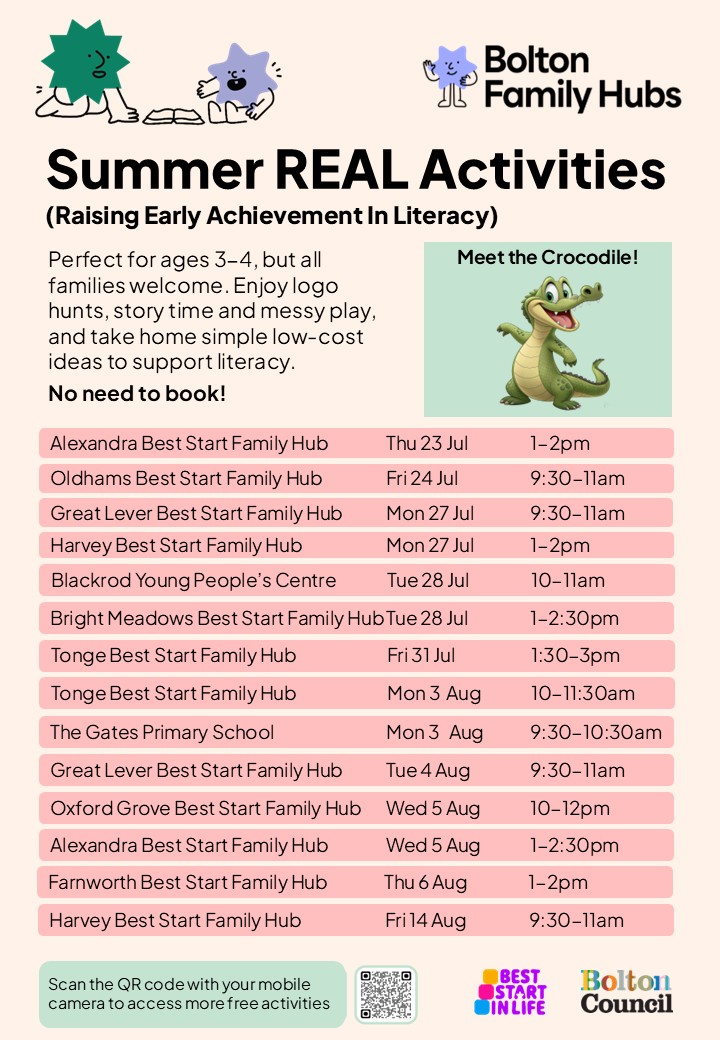 A Flyer with dates times and venues of all the REAL activity sessions in Bolton over the summer 2026