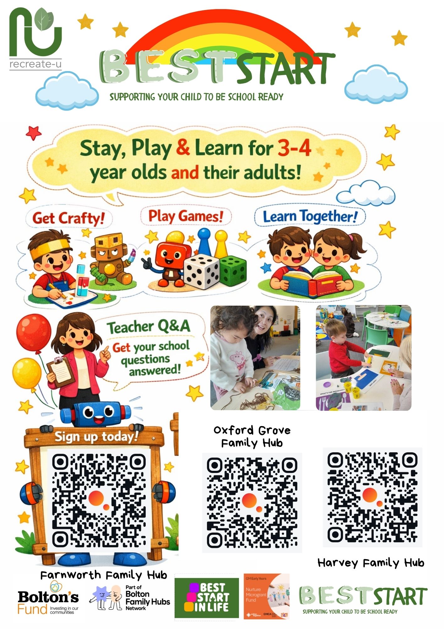 A poster with inofrmation about a stay and play session for families with children 3 and 4 year old. There is lots of text, colour and QR codes to access more information online.