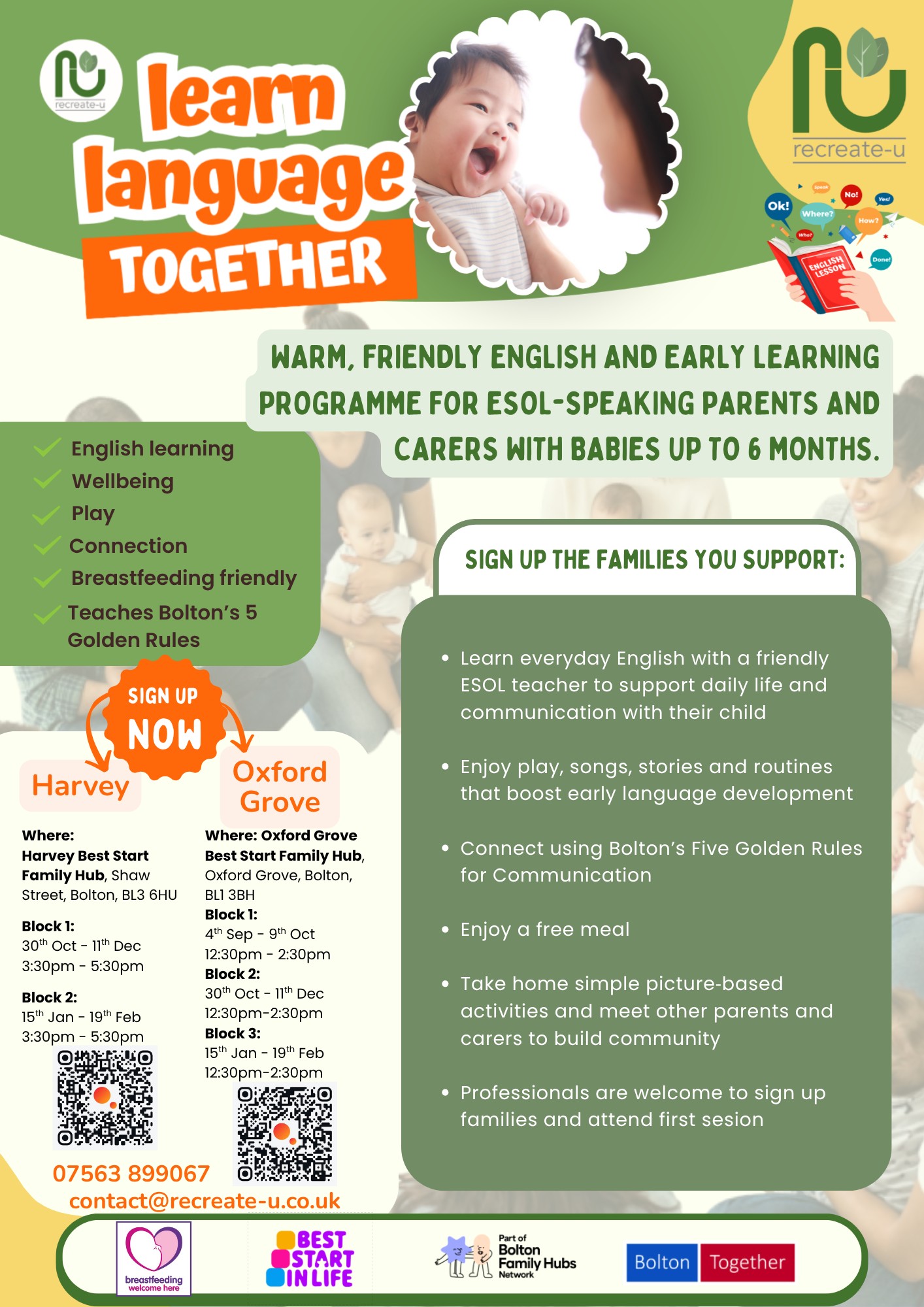 A poster complete with text and two QR codes. Aimed a providing information to early years professions around courses for ESOL speaking families with babies under 6 months old in Bolton.