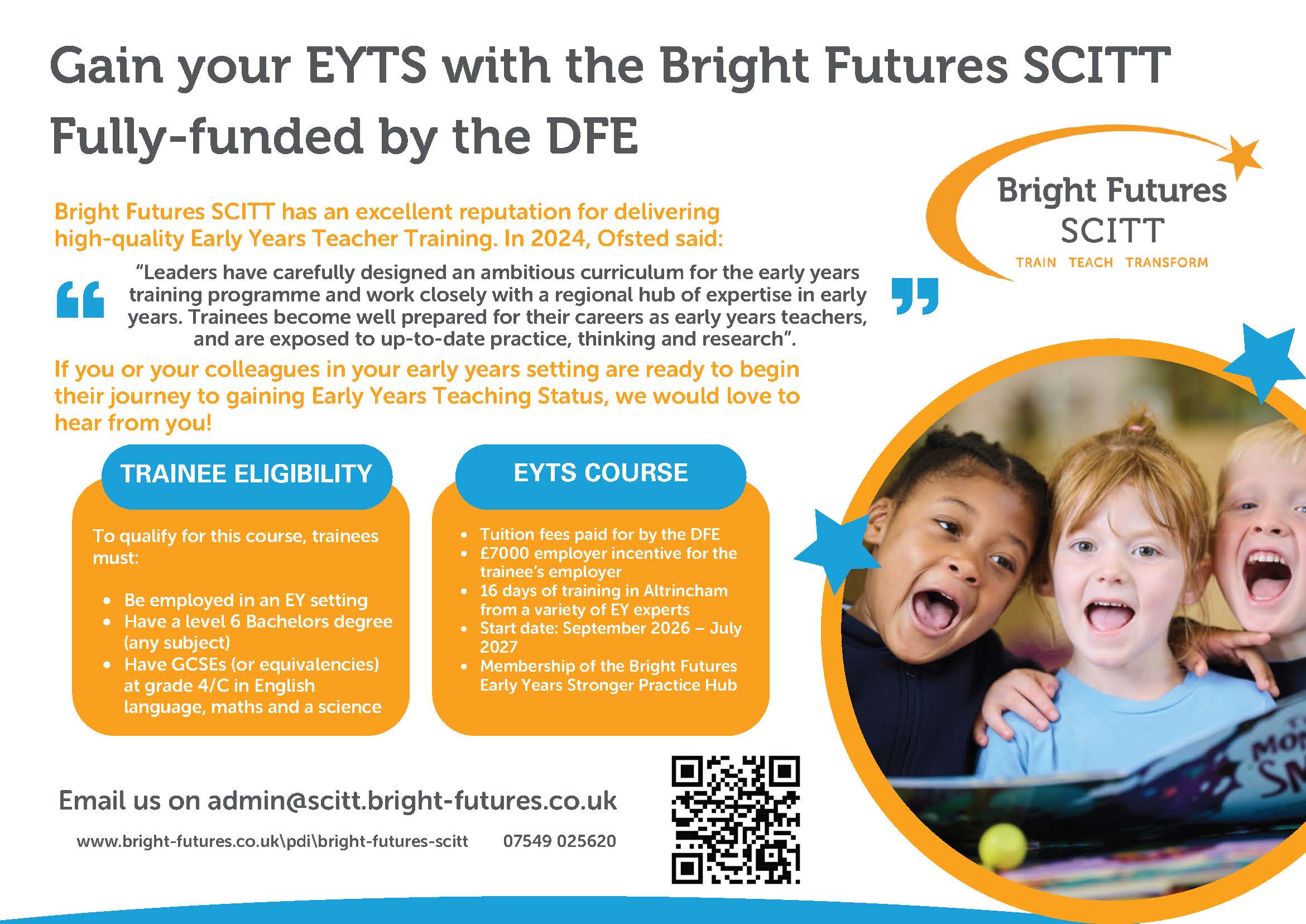 A flyer with lots of text about a Training opportunity in the teaching sector. There is an image of 3 young children smiling.