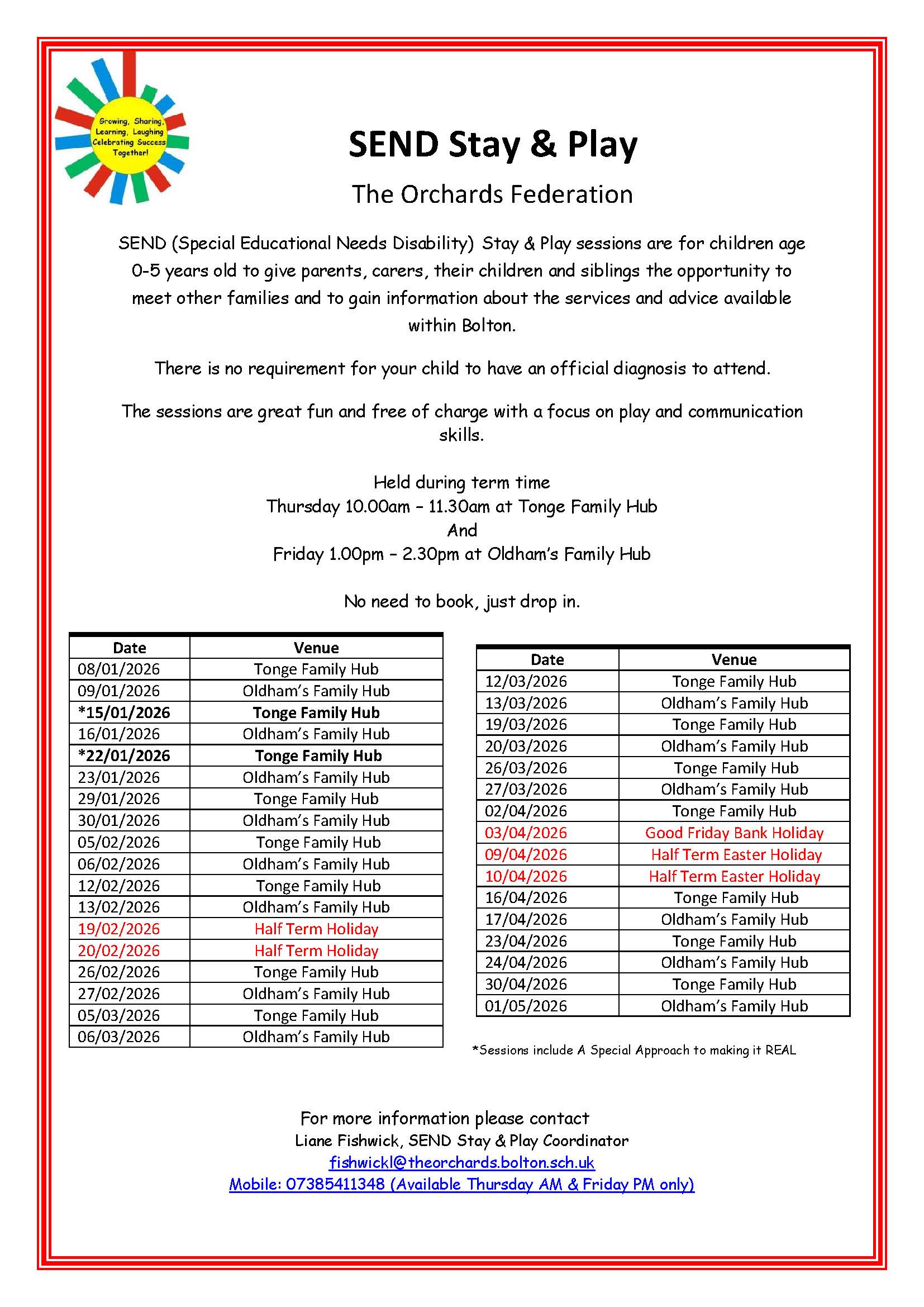 poster with all the dates and times for the SEND Stay and Play sessions