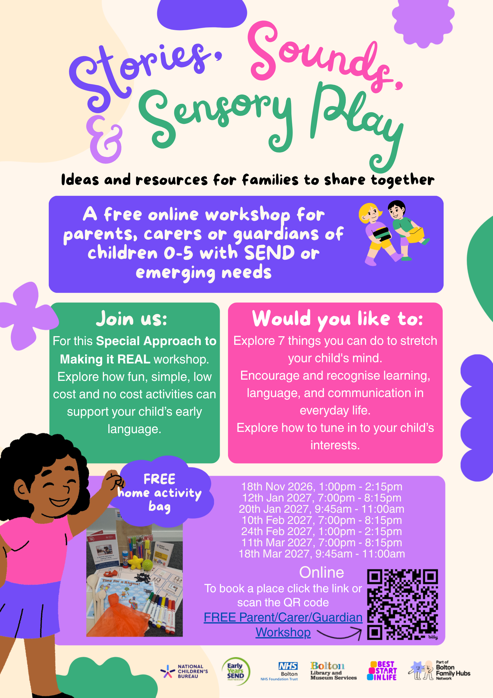 Decorative poster with the dates times and venue information for the 2026-2027 stories sounds and sensory play sessions for families in Bolton of children with SEND or emerging needs.
