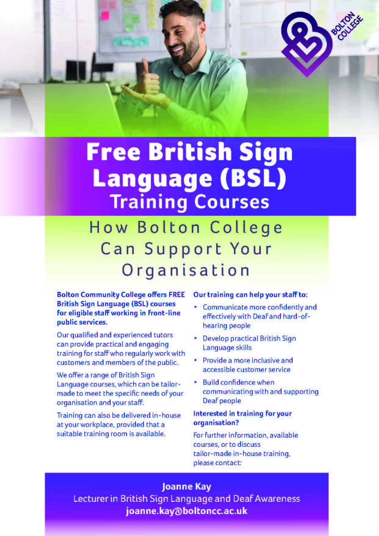 Poster with information about Bolton College British Sign Language training courses.