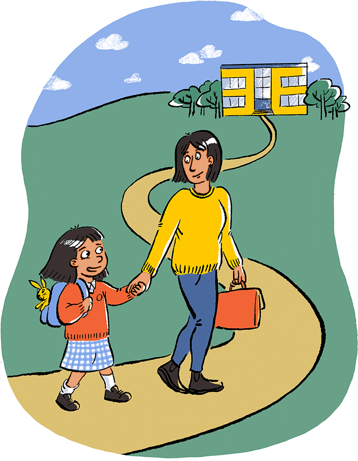 Cartoon image of a child walking up the path to school with parent.