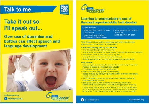 An image of a double sides poster about taking children's dummy's out to help their speech and language development