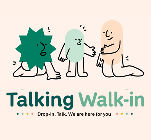 Talking Walk-in Drop-in. Talk. We are here for you. 3 cartoon style characters in 3 pale green and cream colours.