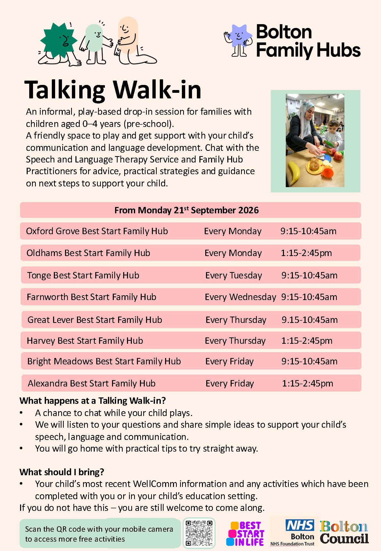 A flyer with text and an image of a family playing with a toy teaset.