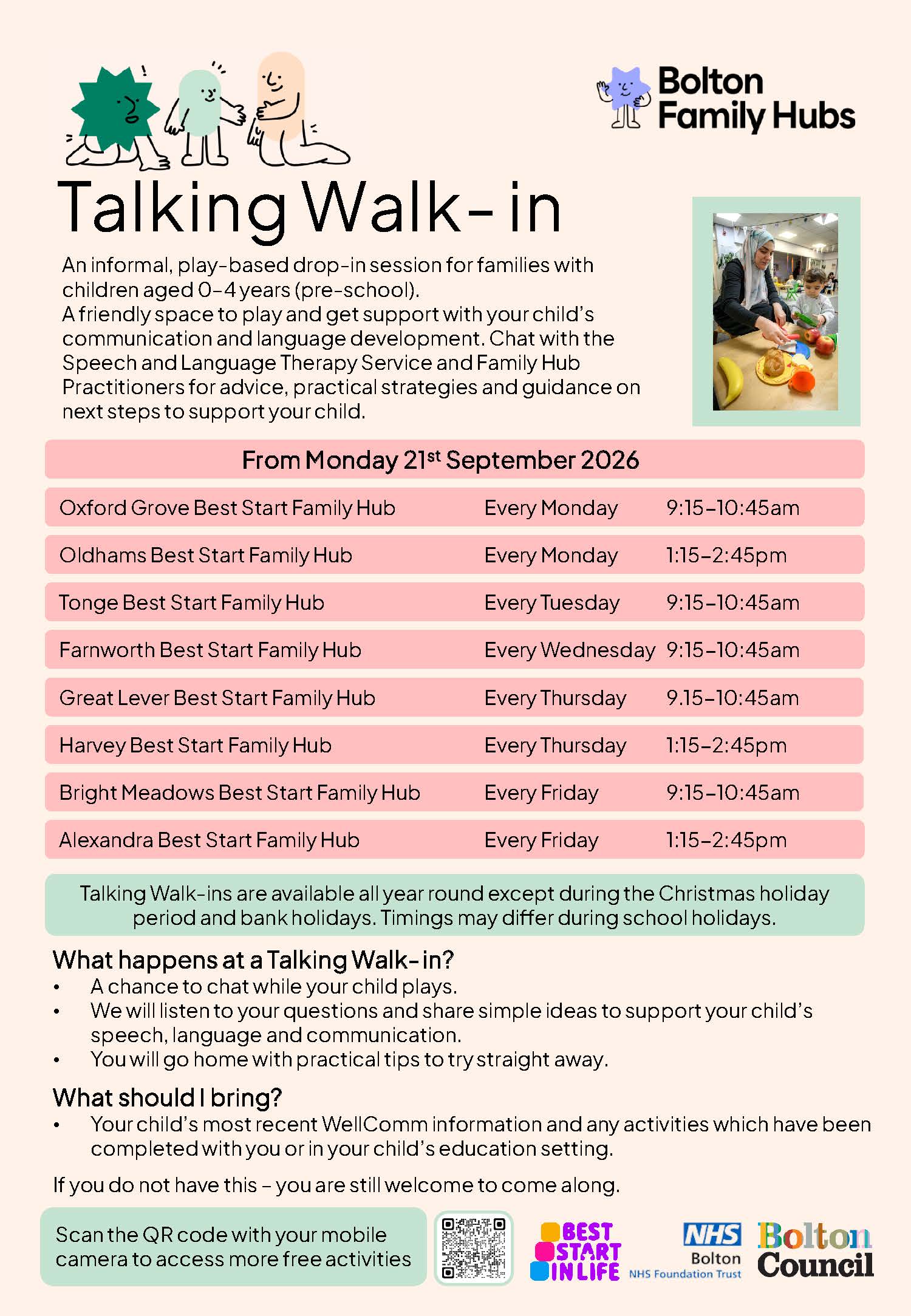A flyer with the dates times and venues of the Talking Walk-in sessions at Best Start Family Hubs in Bolton for families with preschool children. 