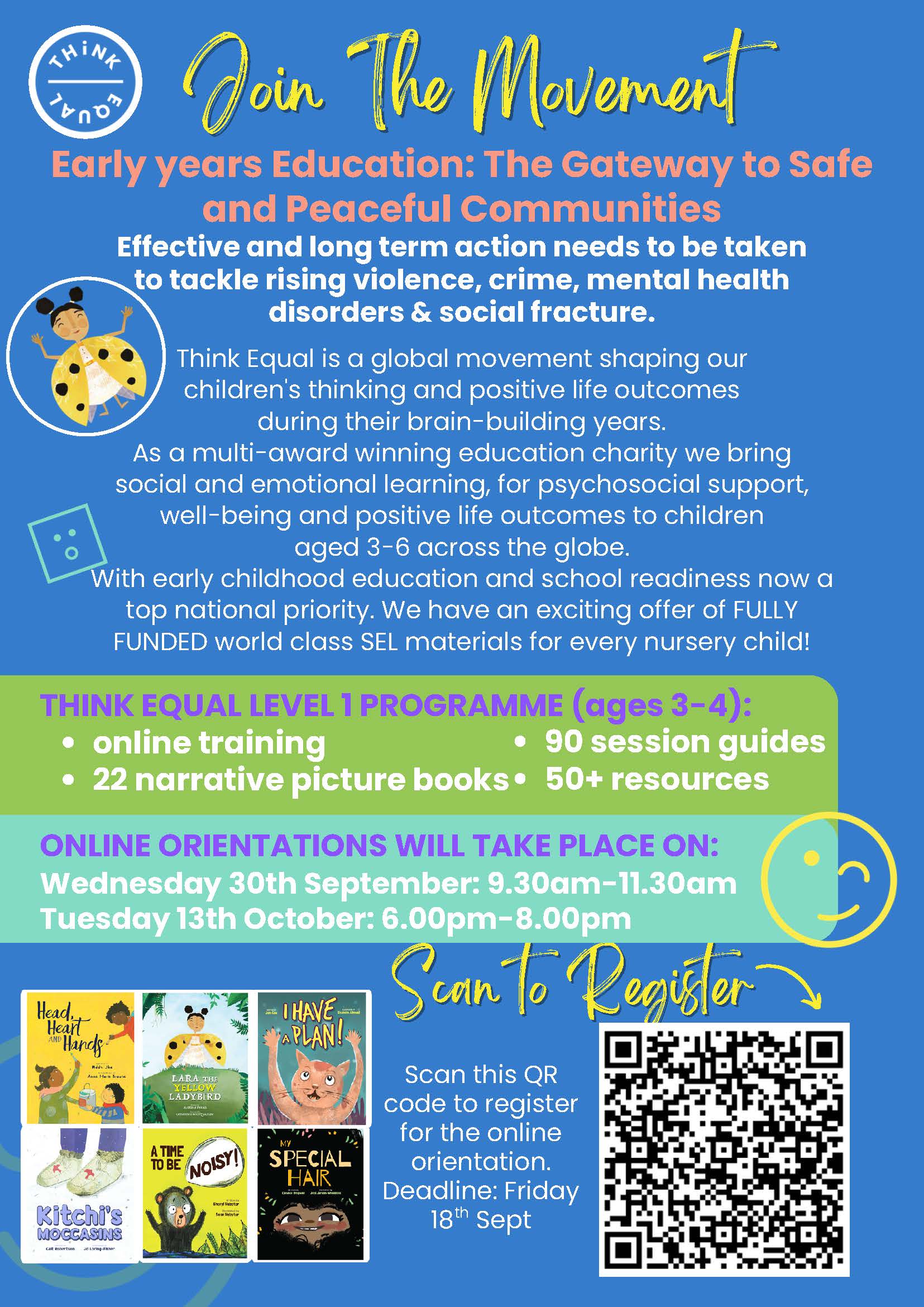 Flyer with text on a blue background with white text and a QR code.