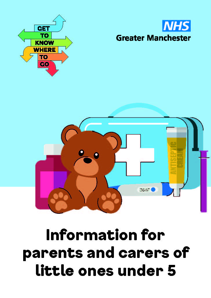Information for parents and carers of littles ones under 5. Get to know where to go. Greater Manchester NHS. Image of teddy and first aid kit.