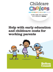 Cartoon children on a green hill. Childcare Choices logo with text. 