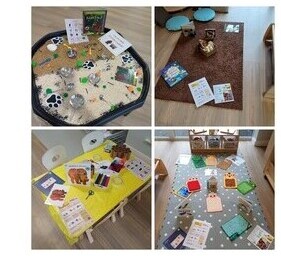 Image of play areas set up ready for young children. Arts and craft tables etc.