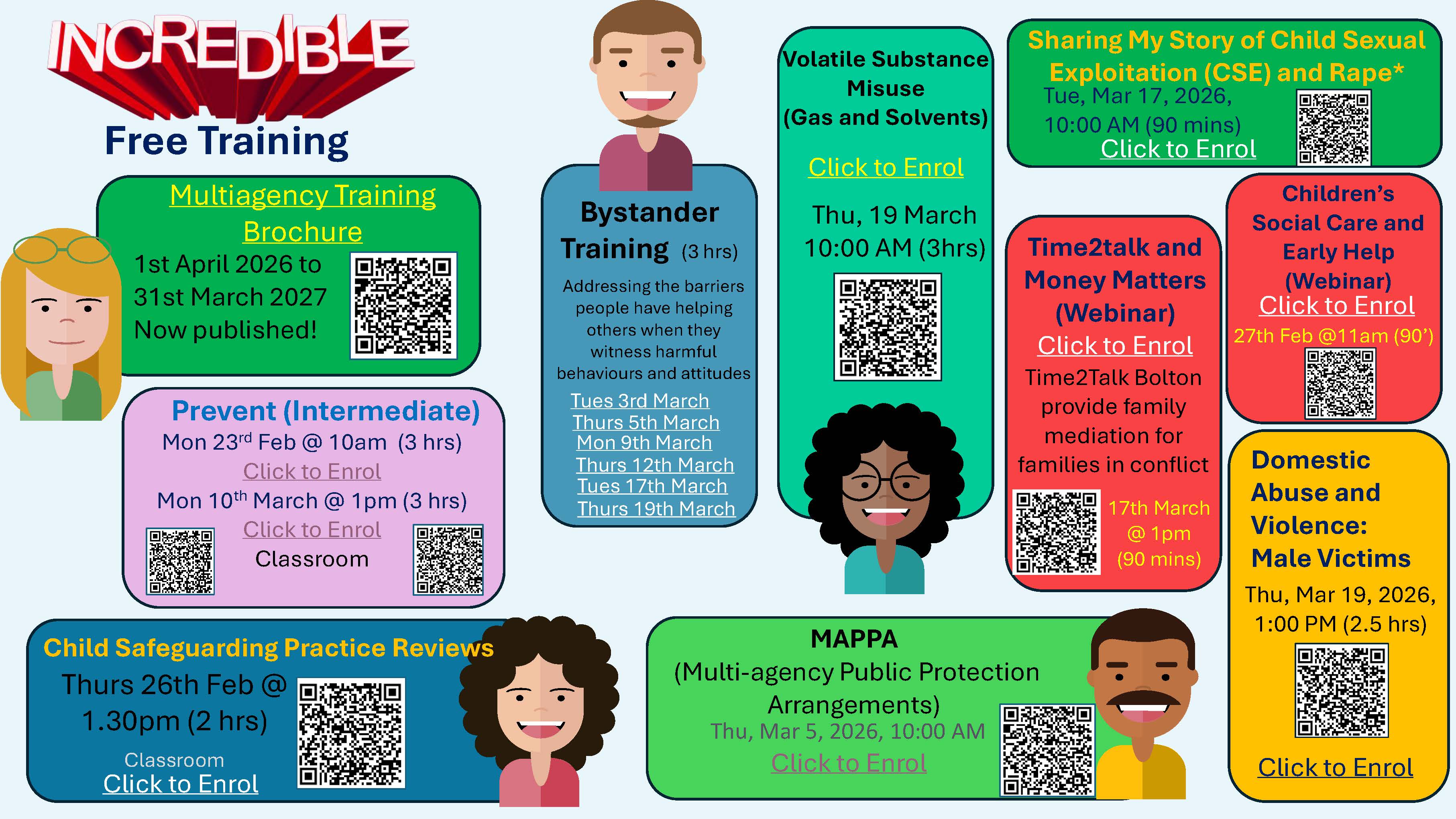 Training courses listed on a flyer with text and QR codes.